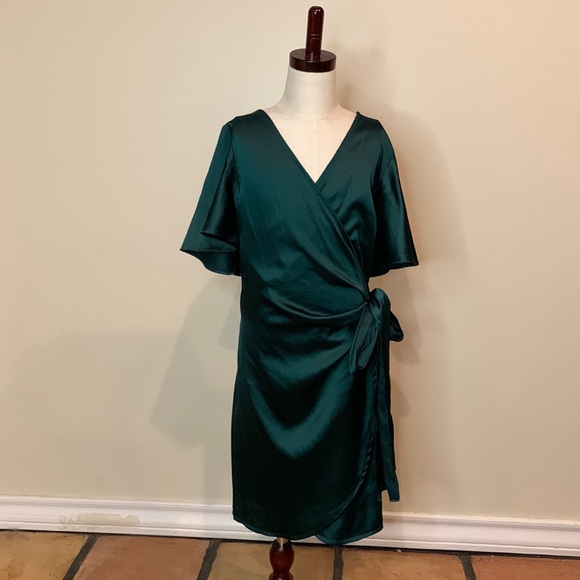 Vici Satin Wrap Dress with Flutter Sleeves - Picture 2 of 5